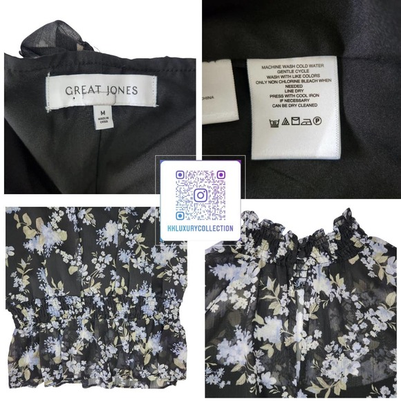 Great Jones Floral Peplum Top Ruffled Mockneck Black w/ Purple Floral Print US M - Picture 5 of 5